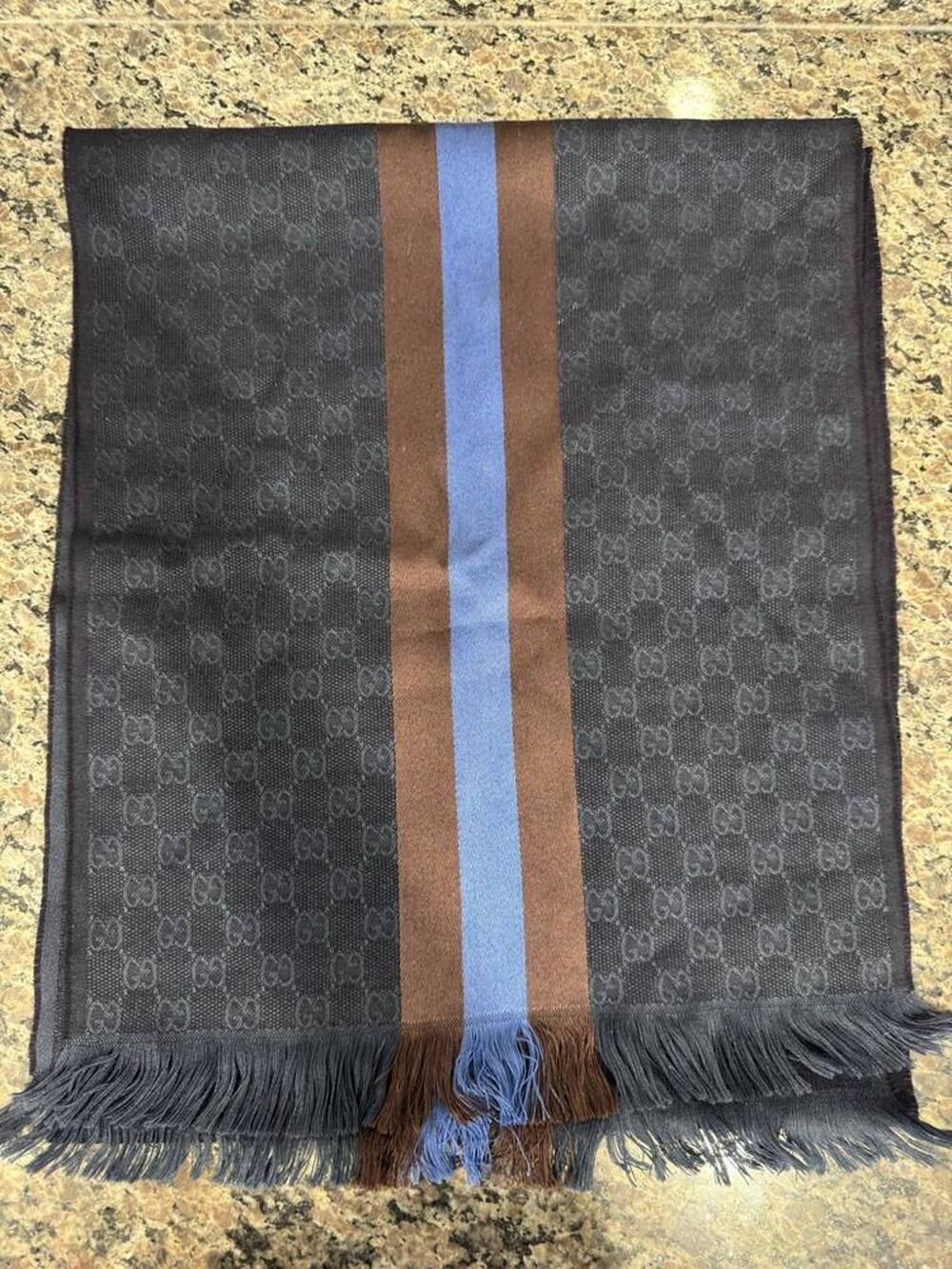 Gucci Silk Scarf Brown / Blue Web Stripe 14" x 70" - VWG 335077
